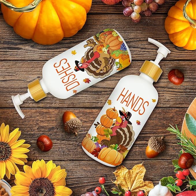 Hexagram Thanksgiving Decorations Indoor, Thanksgiving Kitchen Soap Dispenser Set of 2, Turkey Glass Soap Dispenser for Home Decor, Turkey Refillable Lotion Essential Oil Dispensers with Pump