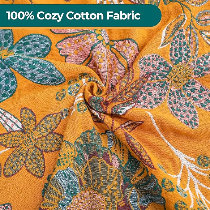 Boho Throw Blankets Reversible Luxurious Cotton Bed Throws with Vintage Bohemian Design & Yellow/Green Lightwight Floral Decor Blanket, Perfect as Bed Sofa Quilt 80" x 90"