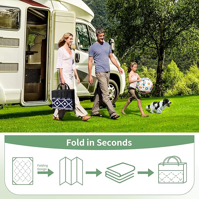 GENIMO Outdoor Rug Waterproof for Patio Decor, 9'x12' Foldable Reversible Plastic Straw Carpet for Travel Trailers, Outside Area Mat for Rv, Deck, Picnic, Porch, Camper, Balcony, Beach, Blue & White