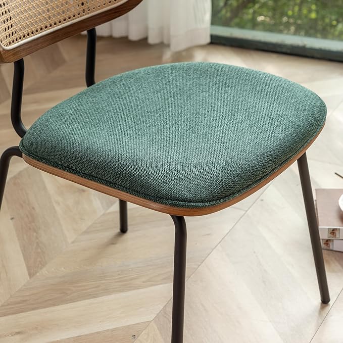 Rattan Dining Chairs Set of 2, Mid Century Modern Dining Chairs with Cane Back for Kitchen Dining Room, 19 Inch Fabric Green