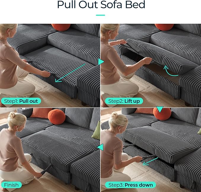 LINSY HOME Sectional Sleeper Sofa with Pull Out Couch Bed - Convertible Plush Corduroy Cloud Couch with Storage Chaise & USB Charging, Comfy Modular Couches for Living Room, Grey