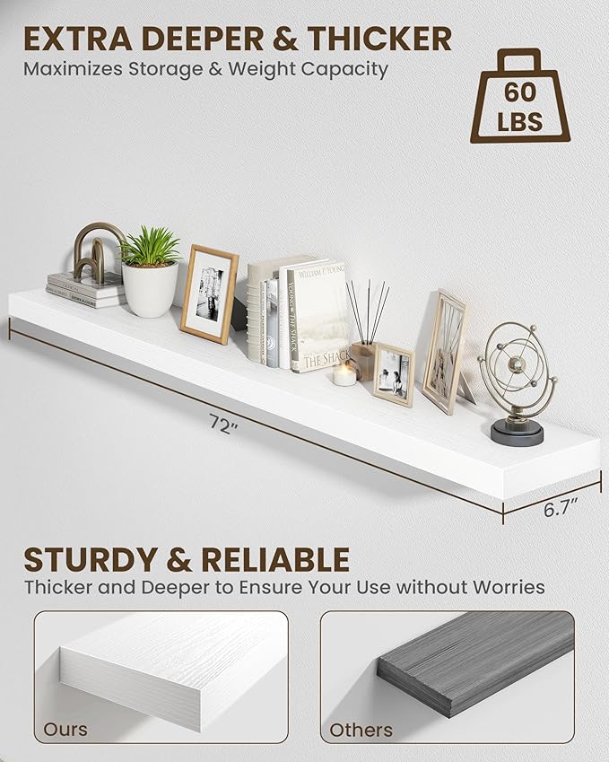 Marsmiles 72" Floating Shelves for Wall, Wooden Shelves with Invisible Brackets Set of 2, Rustic Farmhouse Wall Mounted Shelf for Kitchen Bathroom Living Room Study, White