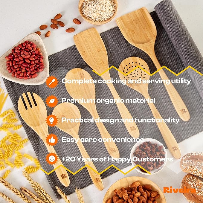 Riveira Brown Bamboo Wooden Spoons for Cooking Set of 6 – Natural Brown Bamboo Wooden Cooking Utensils, Wooden Spatula, Wooden Spoon - Premium Quality Wooden Utensil Set for Non-Toxic Cooking