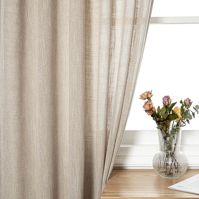 MYSKY HOME Boho Curtains Farmhouse Living Room Curtain Drapes, Light Filtering Semi Soft Cotton Blend Sheer Window Treatments for Sliding Glass Door Doorways, 50" x 90", Light Oatmeal, Set of 2