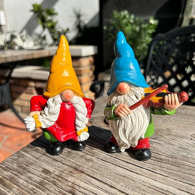 Garden Gnome Duo Decorative Figurines 5.5“ Ornament for Indoor Outdoor Home Garden Decor,Musical Violin Player and Dancing, Colorful Outdoor Statues, Set of 2