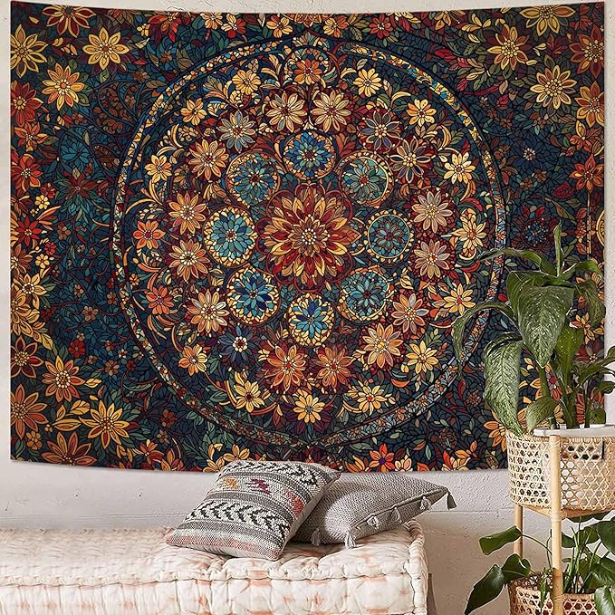 Fowocu Boho Floral Mandala Tapestry Wall Hanging Vintage Bohemian Flower Medallion Tapestry Aesthetic Orange Stained Glass Hippie Extra Large Tapestries for Bedroom Living Room Dorm Decor 90 x 68 Inch