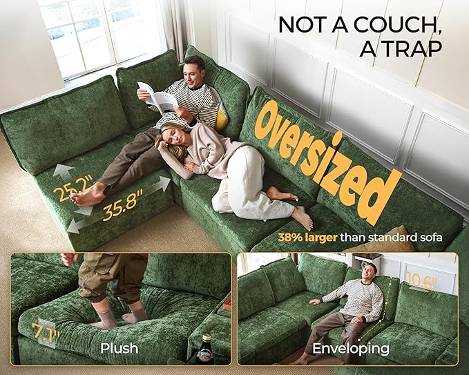 Oversized Modular Sofa Comfy Cloud Couch with Storage, Extra Deep Plush Sectional Sofa Set for Living Room, Covers Washable, Chenille, Olar (Green, 8-Seater with Corner & 2 Ottomans, u-Shaped)