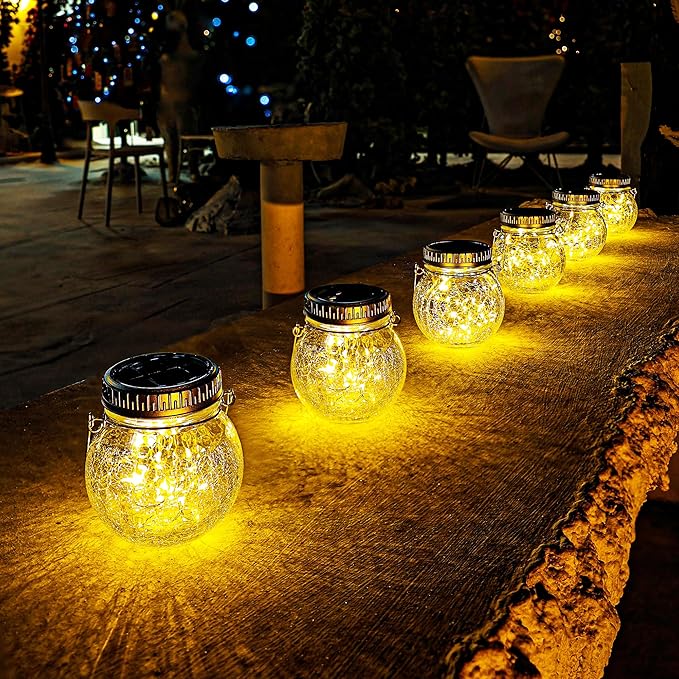 Cooo 6 Pack Crackle Glass Solar Lantern with 30 LED Firefly Lights– Waterproof Outdoor Hanging Lamp 215% Larger Solar Panel, Anti-Rust Lids Decorative Lighting for Garden Patio Table