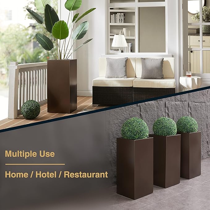 Metallic Heavy Tall Outdoor/Indoor Planter Box 14Lx14Wx30H Inches, Rectangular Tall Planter, Large Flowerpot, 25 Pounds, Espresso, No Assembly Required 1 Pack