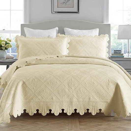 MarCielo 3-Piece 100% Cotton Oversized Bedspread Lightweight Quilt Coverlet Embroidery Farmhouse Bedding Set (Tk Beige Khaki, Oversized King (118"x106"))