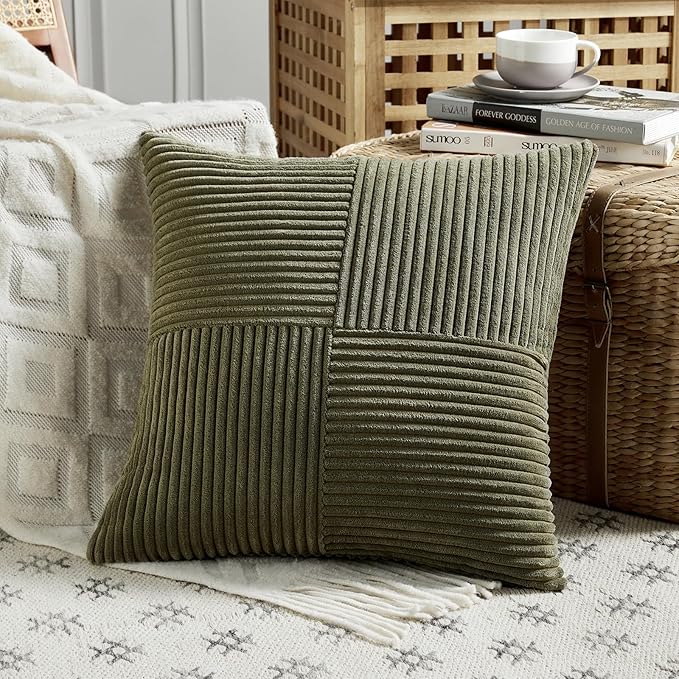 Fancy Homi 2 Packs Olive Green Samll Decorative Throw Pillow Covers 14x14 Inch with for Couch Bed Sofa, Rustic Farmhouse Boho Home Decor, Soft Corss Patchwork Corduroy Square Cushion Case 35x35 cm