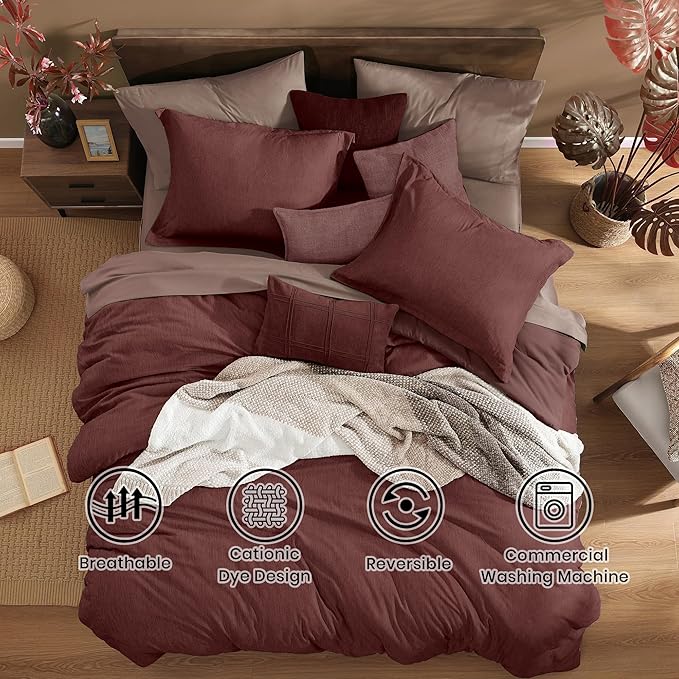 Monbix King Size Comforter Set, 7 Pieces Dark Red King Size Bed Set Reversible,Cationic Dyeing Bed in a Bag with Comforter, Sheets, Pillowcases & Shams