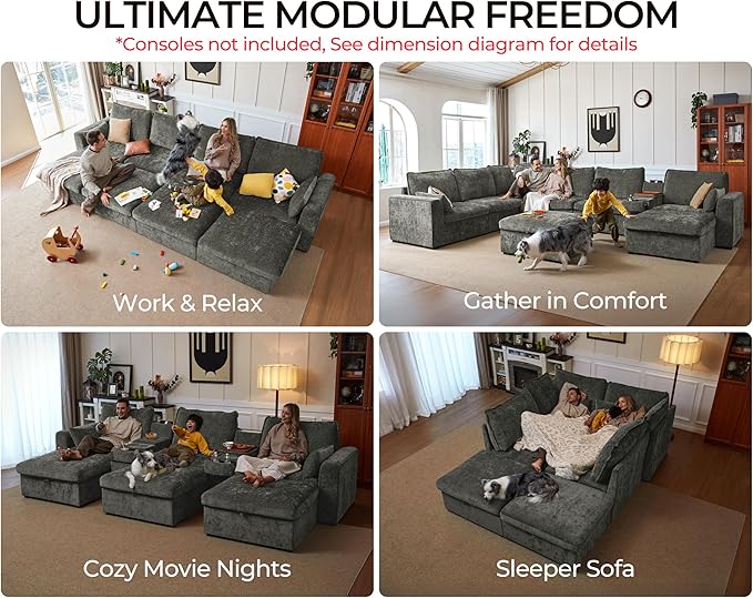 Oversized Modular Sofa Comfy Cloud Couch with Storage, Extra Deep Plush Sectional Sofa Set for Living Room, Covers Washable, Chenille, Olar (Grey, 6-Seater with 2 Ottomans, u-Shaped)