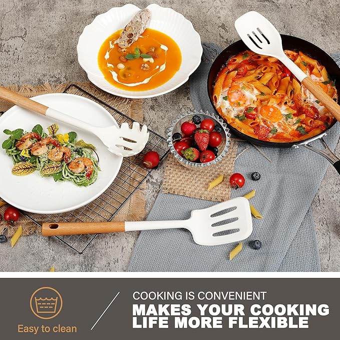 QMVESS Silicone Cooking Utensils Set, Kitchen Utensils Set 7 Pcs with Long Wooden Handle, Food Grade and Heat Resistant Large Silicone Spatula Set for Nonstick Cookware, BPA Free(White)