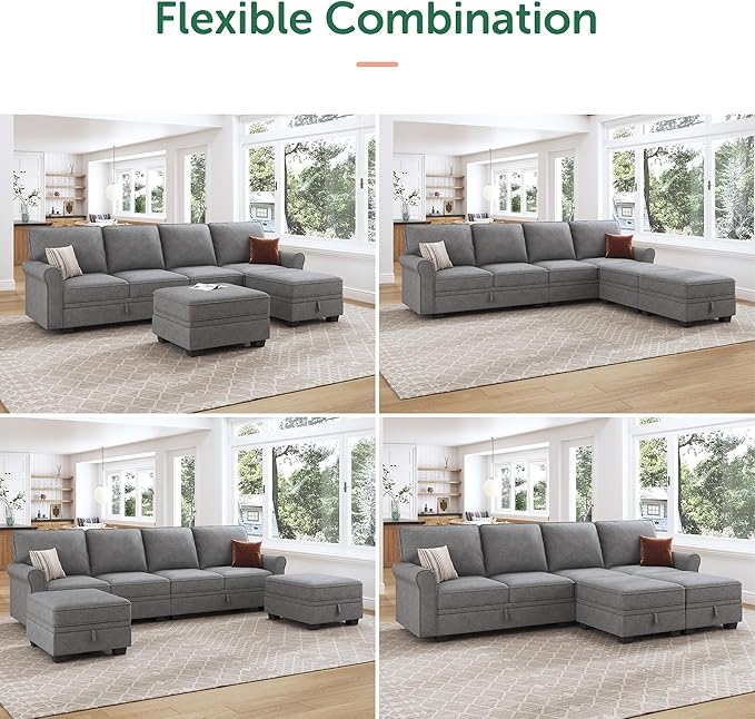 HONBAY Convertible Sectional Sofa with Storage Seat 6 Seat Sofa with Reversible Chaise U Shaped Sectional Couch for Living Room,Light Grey