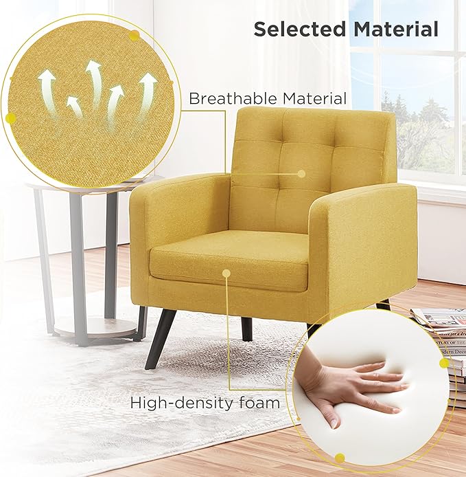 Yaheetech Mid-Century Accent Chairs, Modern Upholstered Living Room Chair, Cozy Armchair Button Tufted Back and Wood Legs for Bedroom/Office/Cafe, Yellow
