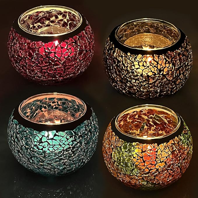 SHMILMH Mosaic Glass Candle Holder Set of 4, Votive Candle Holders Handmade Cracked Tealight Holders for Fall Christmas Diwali Home Decorations, Diwali Gift