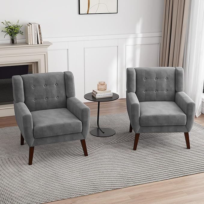 UIXE Accent Chair, Velvet Upholstered Armchair for Living Room, Modern Club Arm Chairs Comfy Single Sofa Button Tufted Bedroom Reading Seat - Gray, Set of 4