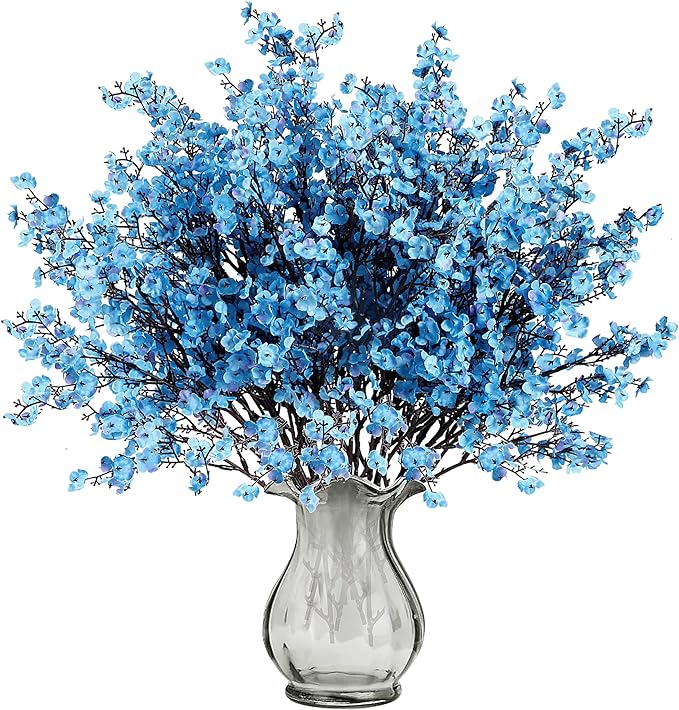 Sggvecsy 10 Pcs Babys Breath Artificial Flowers Gypsophila Bouquets Bulk Real Touch Fake Silk Flowers for Home Wedding DIY Floral Arrangement Kitchen Table Centerpiece Festival Decoration (Blue)