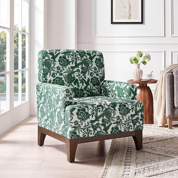 Floral Accent Armchair Set of 2, Retro Wingback Upholstered Armchair with Wide Dipped Back Design and Wooden Legs, High Back Armchair, Leisure Single Sofa Chair for Living Room, Bedroom, Green