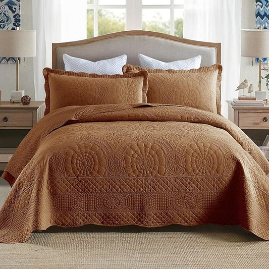 MarCielo 3-Piece 100% Cotton Oversized Bedspread Lightweight Quilt Coverlet Embroidery Farmhouse Bedding Set (Tf Dusty Orange, Oversized Queen (100"x106"))