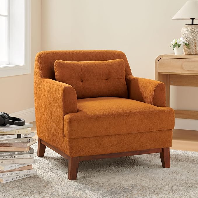 Modern Accent Chair with Terry Fabric, Upholstered Armchair with Spring Package Cushion & Solid Wood Frame, Comfy Lounge Chair for Living Room, Bedroom, or Reading Corner, Terry, Curry