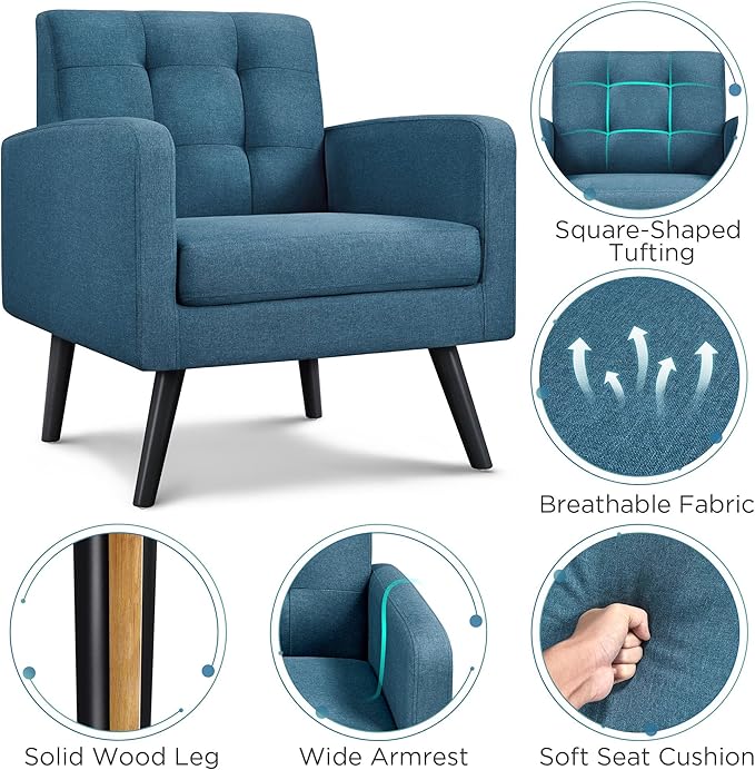 Yaheetech Mid-Century Accent Chairs, Modern Upholstered Living Room Chair, Cozy Armchair Button Tufted Back and Wood Legs for Bedroom/Office/Cafe, Navy Blue