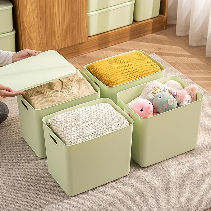4 pack large plastic White storage bins Baskets, Toy Box Chest with Lids and Handle,Organizer Containers for Baby,Kids,snacks,Nursery,Shelves,Playroom, Bedroom,Office,Closet,home