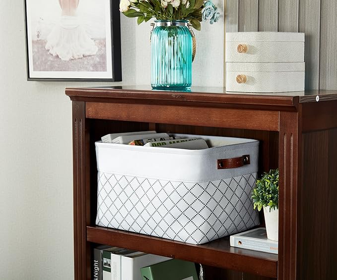 DECOMOMO White Storage Bins Fabric Storage Baskets for Shelves, Linen Closet Organization Toys Nursery (White Check, Large - 3 Pack)