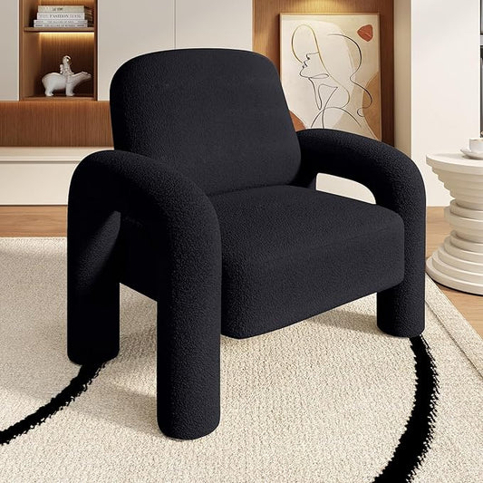 Modern Sherpa Accent Chair, Teddy Upholstered Arm Single Sofa, Cozy Fluffy Reading Chair for Living Room, Bedrooms, Corner (Black)