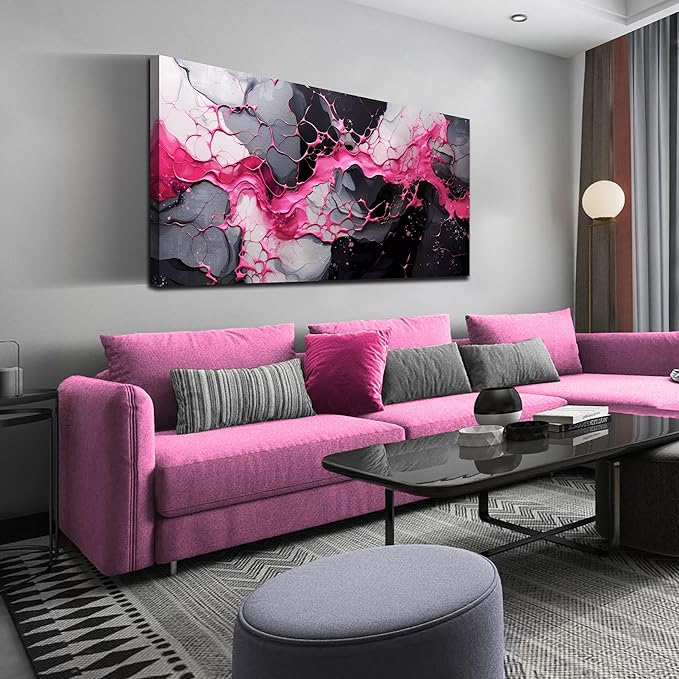 GUGIKA Abstract Wall Art for Living Room, Pink Canvas Wall Decor for Girls Bedroom Decor, Pigment Texture Print, Size 29x59 Inches