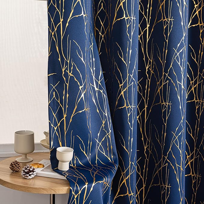 Grommets Blackout Long Window Curtains Navy Blue Gold-52W*108L 2PCS Drapes for Bedroom