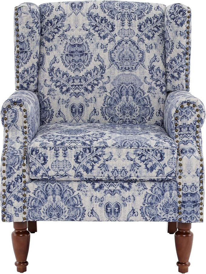 UIXE Floral Accent Chair, High Back Pattern Arm Chair for Living Room, Traditional Fabric Armchair Comfy Upholstered Sofa Reading Seat with Nailhead Trim & Retro Wood Legs - Navy