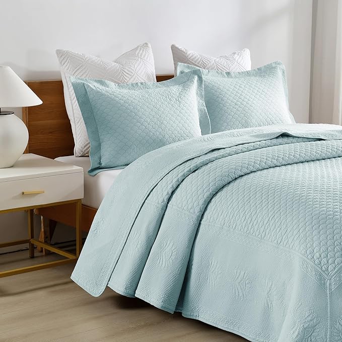 MarCielo 3-Piece 100% Cotton Oversized Bedspread Lightweight Quilt Coverlet Embroidery Farmhouse Bedding Set (TM Mint Green, Oversized King (118"x106"))