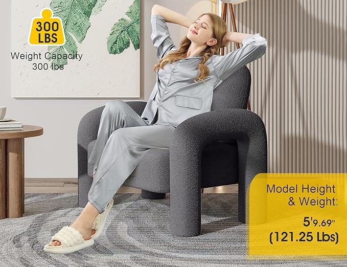Modern Sherpa Accent Chair, Teddy Upholstered Arm Single Sofa, Cozy Fluffy Reading Chair for Living Room, Bedrooms, Corner (Grey)