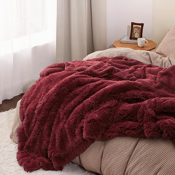Bedsure GentleSoft Fluffy Burgundy Red Blankets Queen Size for Bed, Thick Sherpa Faux Fur Fleece Fuzzy Plush Winter Warm Soft Full Queen Blankets, Bedroom Decor Red Cozy Gifts for Women Men, 90x90