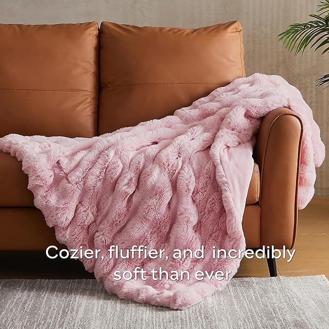 JELLYMONI Faux Fur Throw Blanket, Pink Cozy Plush Bubble Bed Blanket, Thick and Warm, 50" X 60"