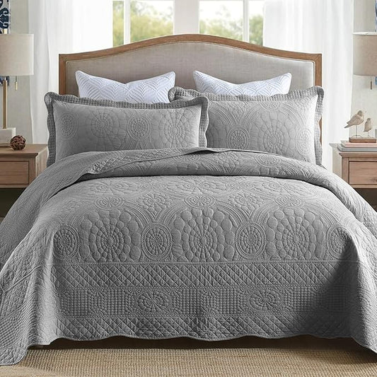 MarCielo 3-Piece 100% Cotton Oversized Bedspread Lightweight Quilt Coverlet Embroidery Farmhouse Bedding Set (Tf Light Grey, Oversized Queen (100"x106"))