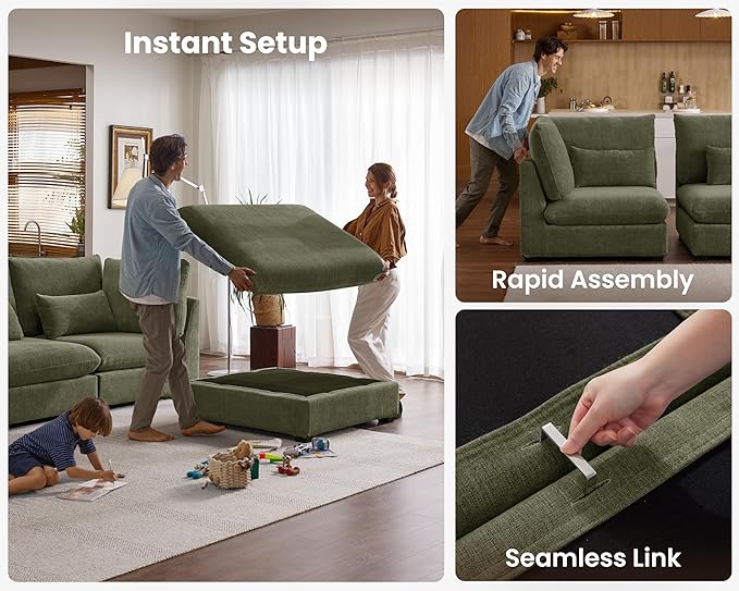 Oversized Modular Sofa, Extra Deep Cloud Corduroy Sectional Couch with Ottoman Chaise, Fluffy Chenille L-Shaped Sofas for Living Room, Villa (Loveseat+Ottoman, Chenille Green)