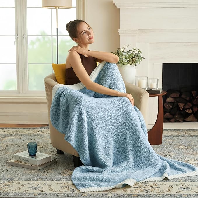 Joiedomi Throw Blanket for Couch Bed Sofa, Blue Knitted Blankets Gifts for Women Mom Girls, Cozy Cute Soft Throw Home Room Decor Aesthetic for Women Mothers Birthday Gifts 50x70 Inches