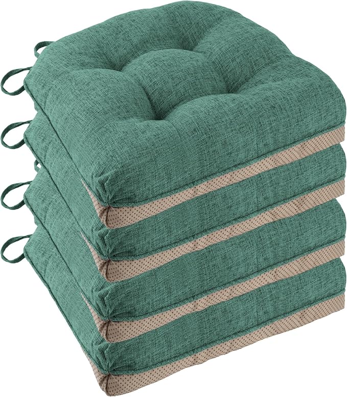 Non Slip Chair Cushions for Dining Chairs Set of 4 Kitchen Chair Cushions 18"x18"x3" Turfted Chair Pads Comfortable and Soft Seat Cushion with Ties, Dark Green