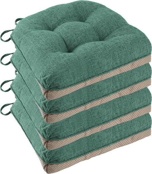 Non Slip Chair Cushions for Dining Chairs Set of 4 Kitchen Chair Cushions 18"x18"x3" Turfted Chair Pads Comfortable and Soft Seat Cushion with Ties, Dark Green