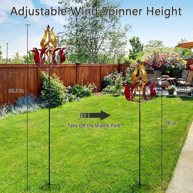 hogardeck Large Wind Spinners Outdoor, 93.3" Metal Tulip Wind Spinner with Stake, 360° Rotating Yard Art, Kinetic Flame Wind Sculptures for Home Lawn Backyard Patio Garden Decor (Red, Golden)
