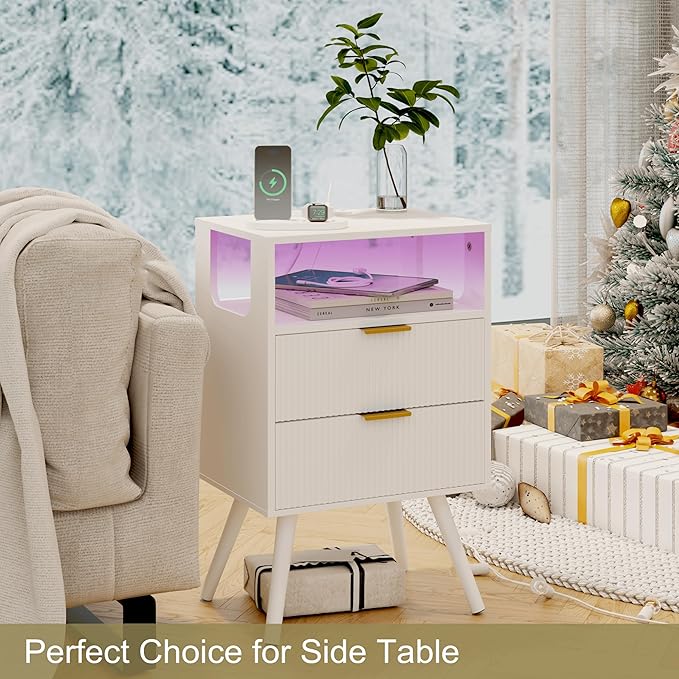 White Nightstand with Charging Station and LED Lights,Modern Bedside Table with 2 Storage Drawer and Open Wood Shelf, for Bedroom and Small Spaces,Night Stand with Solid Wood Legs,White