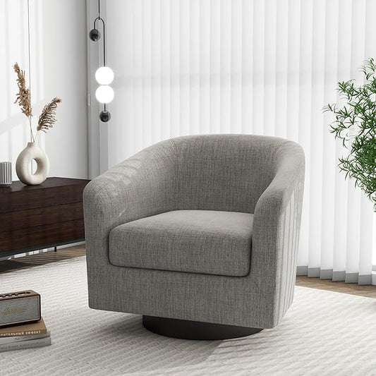Swivel Barrel Accent Chair, Modern Round Linen Arm Chair for Living Room, Bedroom, Comfy Club Reading Chairs for Adults(Linen Fabric, Khaki, Set of 1