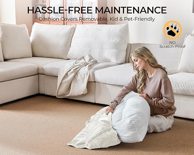 Oversized Modular Sofa Comfy Cloud Couch with Storage, Extra Deep Plush Sectional Sofa Set for Living Room, Covers Washable, Chenille, Olar (White, 6-seatser with Corner & Ottoman, v-Shaped)