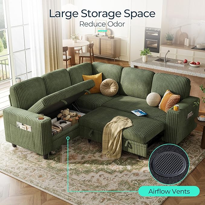 LINSY HOME Sectional Sleeper Sofa with Pull Out Couch Bed - Convertible Plush Corduroy Cloud Couch with Storage Chaise & USB Charging, Comfy L Shaped Modular Couches for Living Room Apartment, Green
