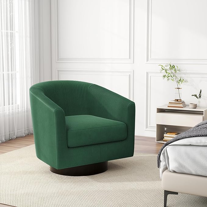 Swivel Barrel Accent Chair, Modern Round Corduroy Fabric Arm Chair for Living Room, Bedroom, Comfy Club Reading Chairs for Adults (Corduroy Dark Green, Set of 2)