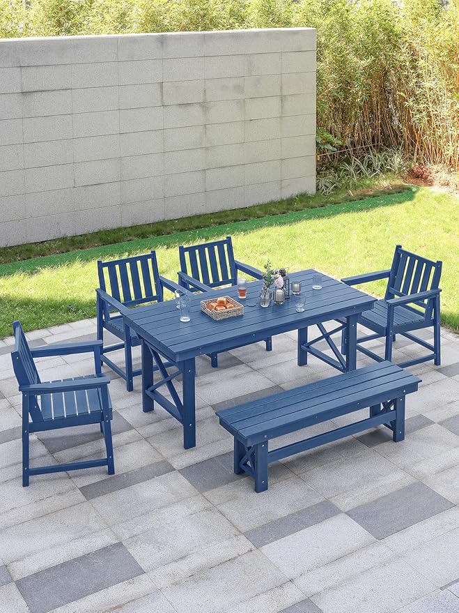 HDPE Outdoor Dining Set of 6, Patio Dining Table Set with 4 Chairs and 1 Bench, 6 Pieces HDPE Dining Set with Umbrella Hole, Outdoor Furniture Sets for Deck, Poolside, Garden, Navy