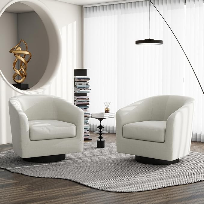 Swivel Barrel Accent Chair, Modern Round Linen Arm Chair for Living Room, Bedroom, Comfy Club Reading Chairs for Adults(Linen Fabric, Beige, Set of 4